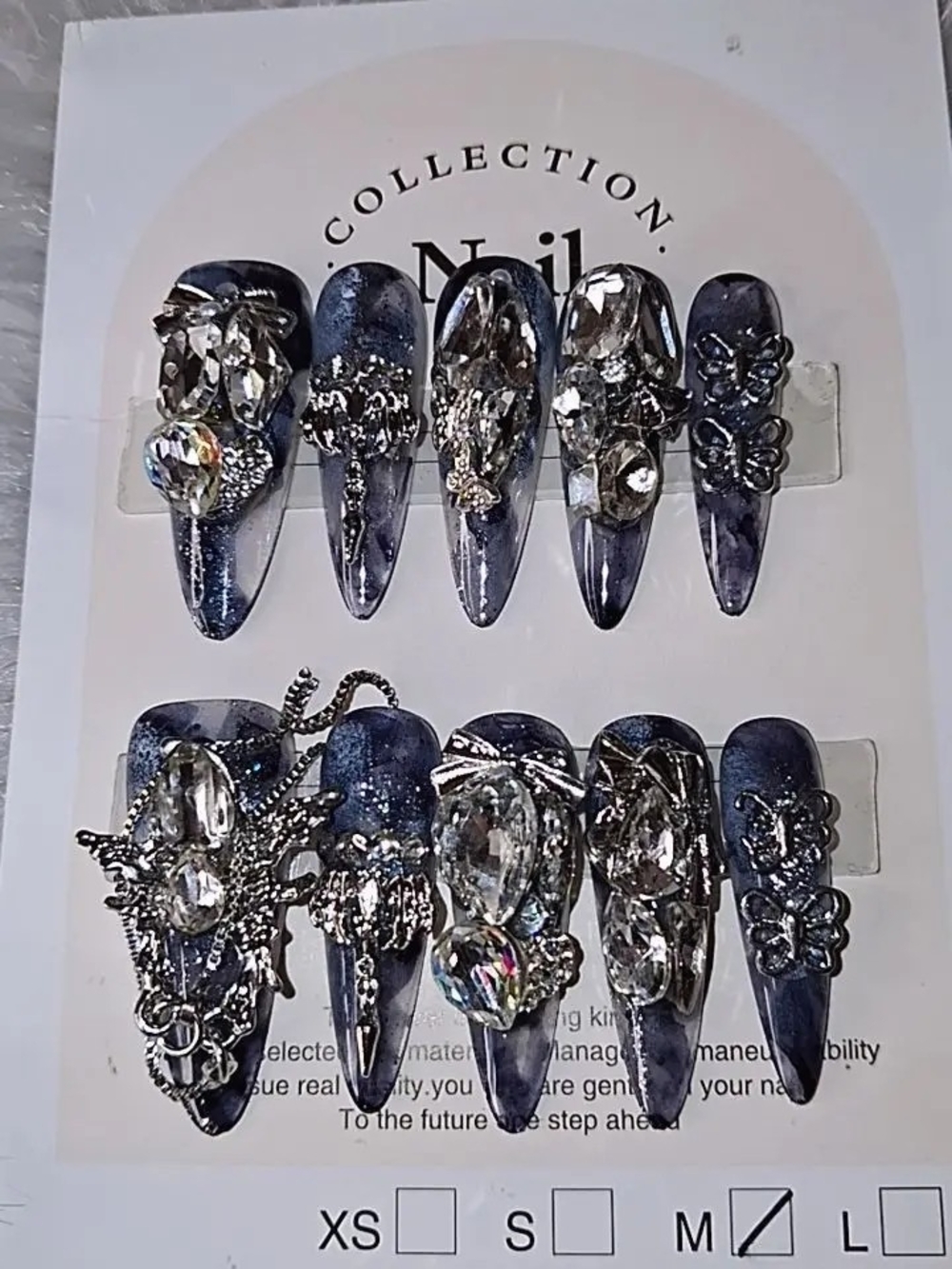 Crystal Embellished Dark Blue Stiletto Nail Set